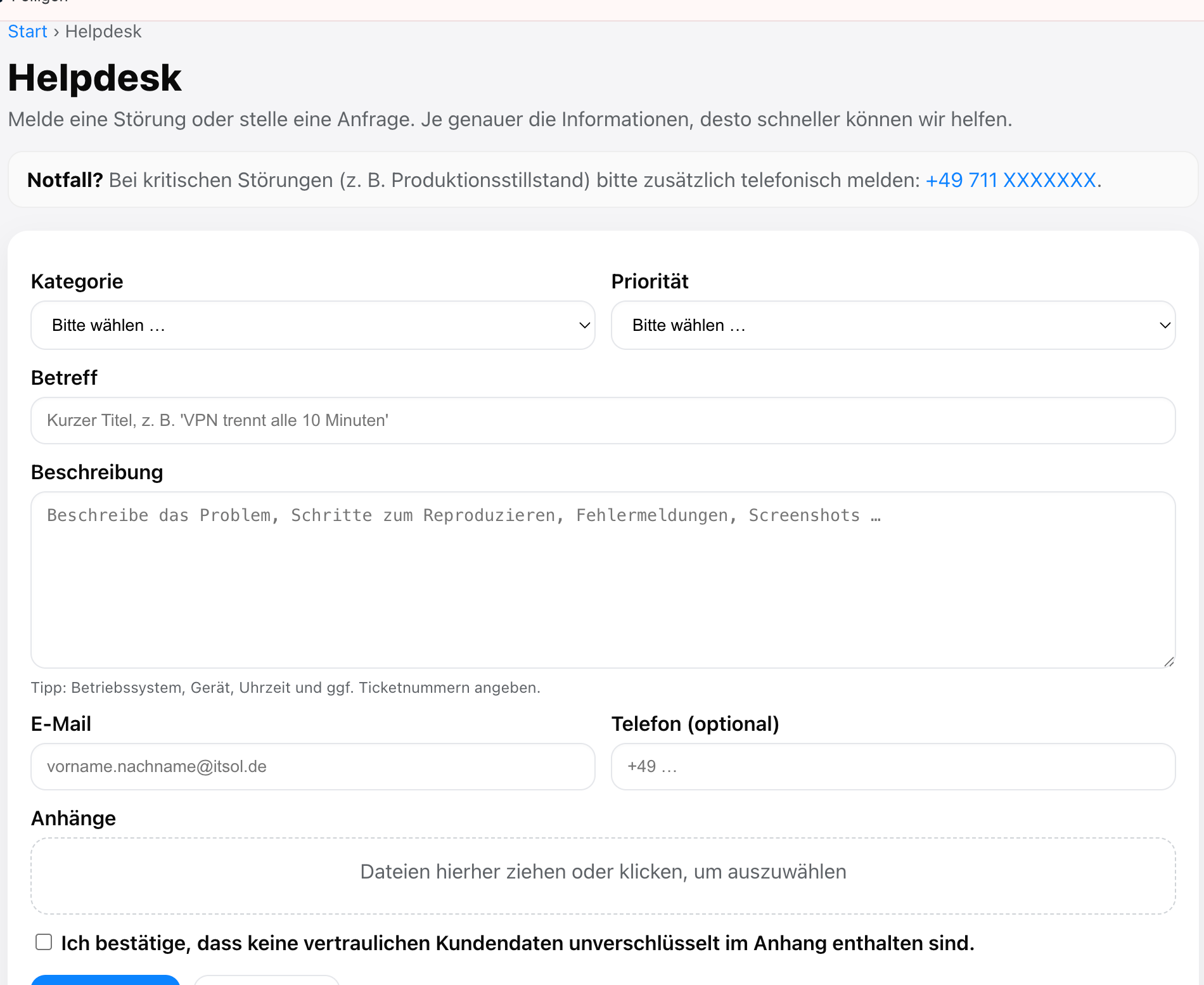 Ausschnitt: Priorität und Dateiupload im neuen Formular